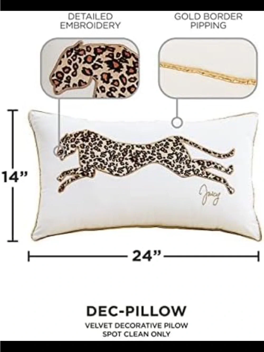 Juicy Couture White Pillow with Leopard Applique and Gold Trim - Picture 3 of 7